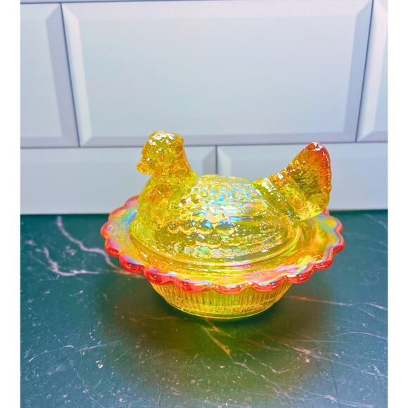 Mini Marigold Carnival Glass Hen on Nest | Iridescent Covered Chicken Dish - Picture 3 of 8